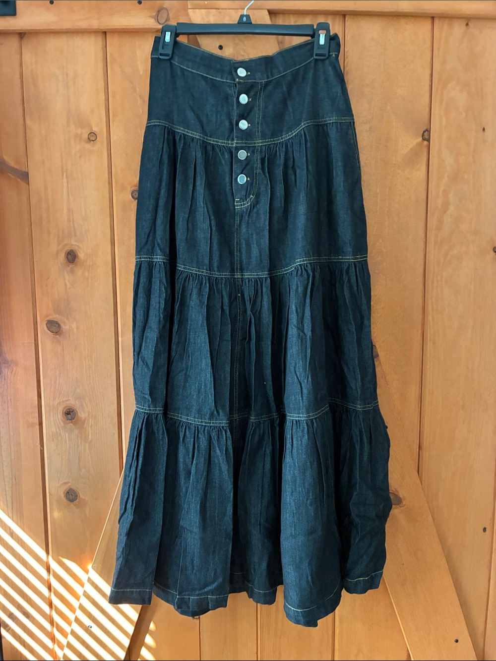 Elan Dark Blue Tiered Denim Maxi Skirt